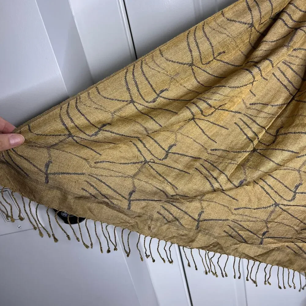 Neeru Kumar 100% Silk Scarf Handloomed 21x76 Kantha Rectangle Fringe Gold Black